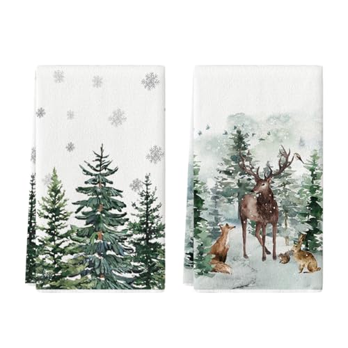 Artoid Mode Aquarell Rentier Bäume Schneeflocken Weihnachten Küchentücher Geschirrtücher, 42x65 cm Winter Christmas Deko Polyester Handtücher 2er Set von Artoid Mode