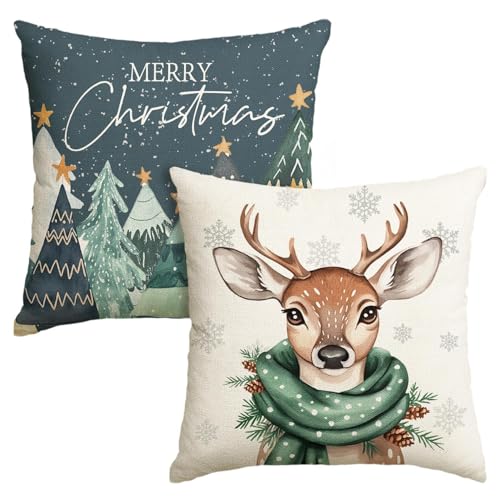 Artoid Mode Bäume Rentier Schneeflocken Frohe Weihnachten Kissenbezüge 2er Set, 45x45 cm Merry Christmas Zierkissenbezug Cushion Cover Couch Deko von Artoid Mode
