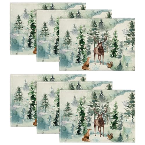 Artoid Mode Bäume Schneeflocken Fuchs Rentier Weihnachten Platzsets 6er Set, 30x45cm Winter Tischset Waschbar Platzdeckchen Küche Party Deko von Artoid Mode