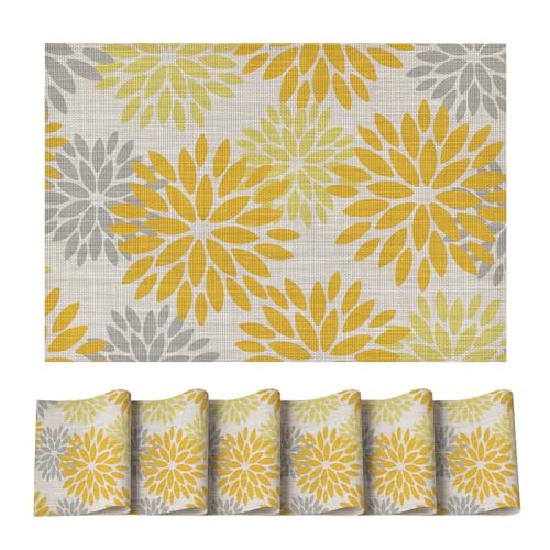 Artoid Mode Blumen Gelb Dahlien Sommer PVC Platzsets 6er Set, 30x45cm Tischsets Schmutzabweisend Hitzebeständig Platzdeckchen Küche Deko von Artoid Mode