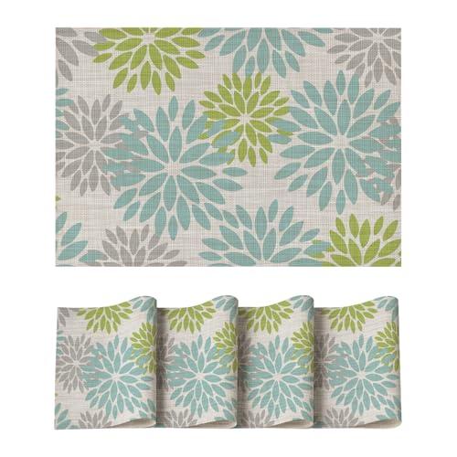 Artoid Mode Blumen Grün Dahlien Sommer PVC Platzsets 4er Set, 30x45cm Tischsets Schmutzabweisend Hitzebeständig Platzdeckchen Küche Deko von Artoid Mode