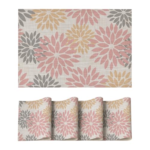 Artoid Mode Blumen Rosa Dahlien Sommer PVC Platzsets 4er Set, 30x45cm Tischsets Schmutzabweisend Hitzebeständig Platzdeckchen Küche Deko von Artoid Mode