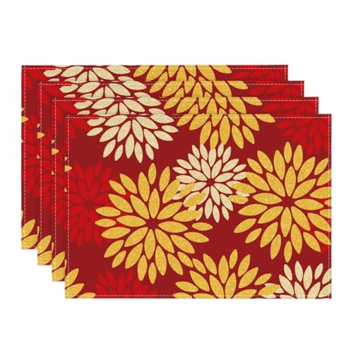 Artoid Mode Blumen Rot Gold Dahlien Chinesisches Neujahr Platzsets 4er Set, 30x45cm Urlaub Tischsets Waschbar Platzdeckchen Küche Party Deko von Artoid Mode