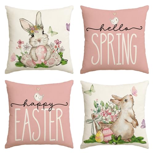 Artoid Mode Blumen Schmetterling Ostereier Kaninchen Ostern Kissenbezüge 4er Set, 45x45 cm Happy Easter Zierkissenbezug Couch Wohnzimmer Deko von Artoid Mode