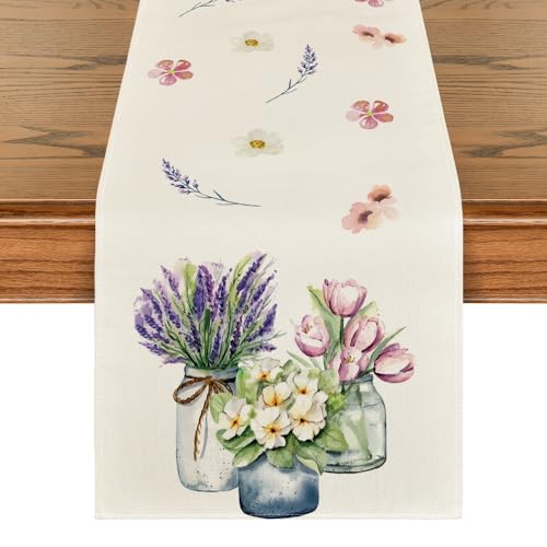 Artoid Mode Blumen Vase Tulpe Lavendel Frühling Tischläufer, Sommer Saisonnal Küche Tisch Dekoration Drinnen Urlaub Party Dekor 40x180 cm von Artoid Mode