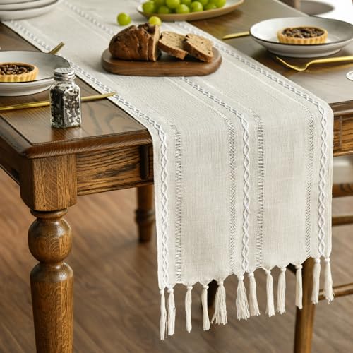 Artoid Mode Boho Creme Landhausstil Quasten Tischläufer, Waschbar Tisch Dekoration Party Geburtstag Valentinstag Hochzeit Dekor 33x183 cm von Artoid Mode