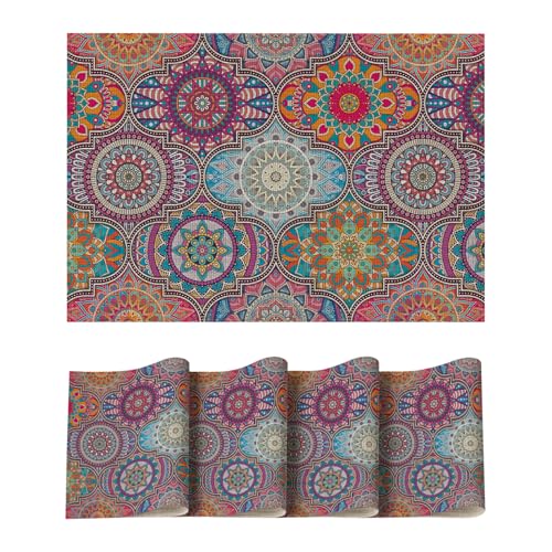 Artoid Mode Boho Vintage Marokkanisch PVC Platzsets 4er Set, 30x45cm Tischsets Schmutzabweisend Hitzebeständig Platzdeckchen Küche Deko von Artoid Mode