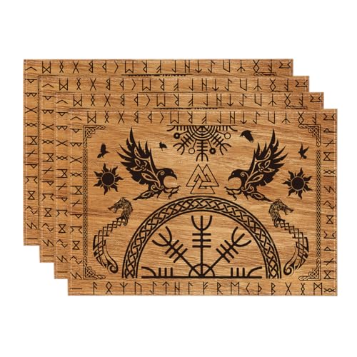 Artoid Mode Braun Wikinger Baum des Lebens Rabe Helm der Ehrfurcht Platzsets 4er Set, 30x45cm Urlaub Tischsets Platzdeckchen Küche Party Deko von Artoid Mode