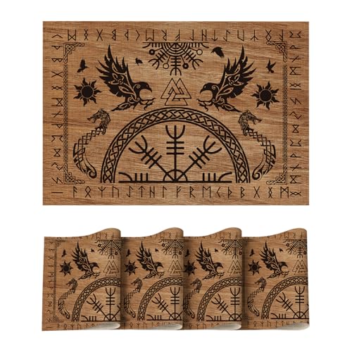 Artoid Mode Braun Wikinger Rabe Helm der Ehrfurcht PVC Platzsets 4er Set, 30x45cm Tischsets Schmutzabweisend Hitzebeständig Platzdeckchen Küche Deko von Artoid Mode