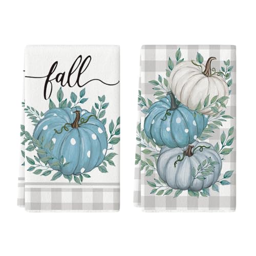 Artoid Mode Büffelkaro Eukalyptus Blätter Blau Kürbisse Herbst Küchentücher Geschirrtücher, 42x65 cm Fall Dekoration Polyester Handtücher 2er Set von Artoid Mode