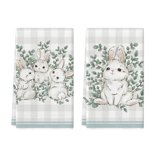 Artoid Mode Büffelkaro Eukalyptus Blätter Bunny Kaninchen Ostern Küchentücher Geschirrtücher, 42x65 cm FrühlingDekoration Handtücher 2er Set von Artoid Mode