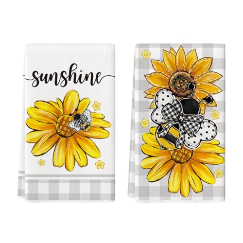 Artoid Mode Büffelkaro Sonnenblumen Bienen Frühling Küchentücher Geschirrtücher, 42x65 cm Sommer Sunshine Dekoration Polyester Handtücher 2er Set von Artoid Mode
