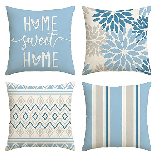 Artoid Mode Eisblau Dahlien Geometrisch Frühling Kissenbezüge 4er Set, 45x45 cm Zierkissenbezug Cushion Cover Couch Wohnzimmer Außenbereich Deko von Artoid Mode