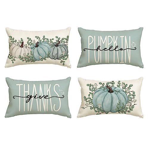 Artoid Mode Eukalyptus Blau Kürbisse Herbst Kissenbezüge 4er Set, 30x50 cm Zierkissenbezug Cushion Cover Couch Wohnzimmer Außenbereich Deko von Artoid Mode