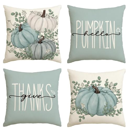 Artoid Mode Eukalyptus Blau Kürbisse Herbst Kissenbezüge 4er Set, 40x40 cm Zierkissenbezug Cushion Cover Couch Wohnzimmer Außenbereich Deko von Artoid Mode