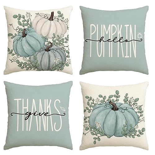 Artoid Mode Eukalyptus Blau Kürbisse Herbst Kissenbezüge 4er Set, 45x45 cm Zierkissenbezug Cushion Cover Couch Wohnzimmer Außenbereich Deko von Artoid Mode