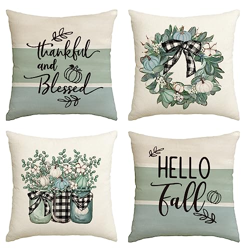 Artoid Mode Eukalyptus Schleife Büffelkaro Vase Kürbisse Herbst Kissenbezüge 4er Set, 45x45 cm Zierkissenbezug Cushion Cover Couch Wohnzimmer Deko von Artoid Mode