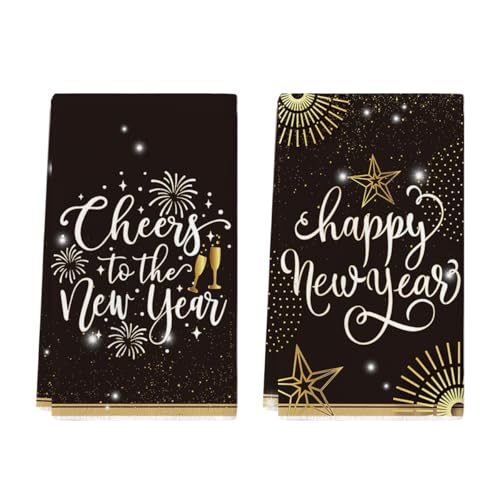 Artoid Mode Feuerwerkskörper Weinbecher Neujahr 2025 Küchentücher Geschirrtücher, 42x65 cm Happy New Year Dekoration Polyester Handtücher 2er Set von Artoid Mode