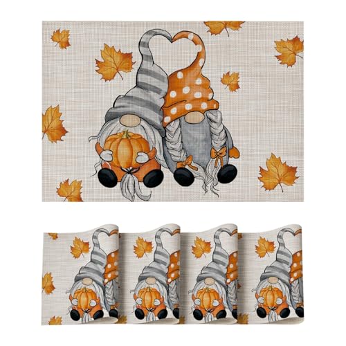 Artoid Mode GNOME Kürbisse Ahornblätter Herbst PVC Platzsets 4er Set, Tischsets Waschbar rutschfest Hitzebeständig Platzdeckchen Küche Deko von Artoid Mode