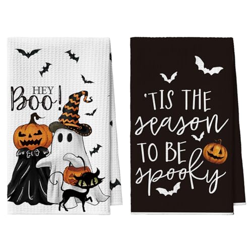 Artoid Mode Geist Fledermaus Kürbisse Halloween Bar Küchentücher Geschirrtücher, 42x65 cm Katze Mikrofaser Saugfähig Handtücher Küchen Deko 2er Set von Artoid Mode