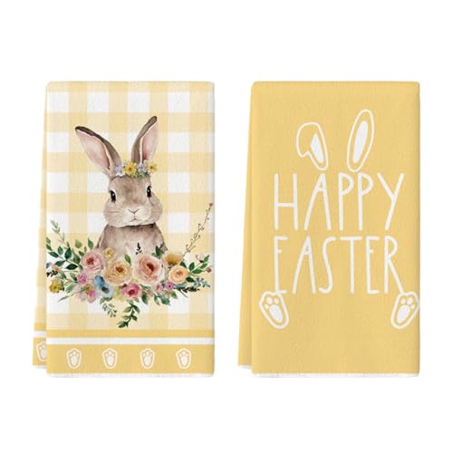Artoid Mode Gelb Büffelkaro Kaninchen Blumen Ostern Küchentücher Geschirrtücher, 42x65 cm Happy Easter Dekoration Polyester Handtücher 2er Set von Artoid Mode