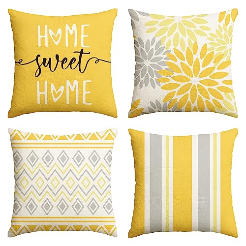 Artoid Mode Gelb Dahlien Geometrisch Frühling Kissenbezüge 4er Set, 50x50 cm Sommer Zierkissenbezug Cushion Cover Couch Wohnzimmer Deko von Artoid Mode