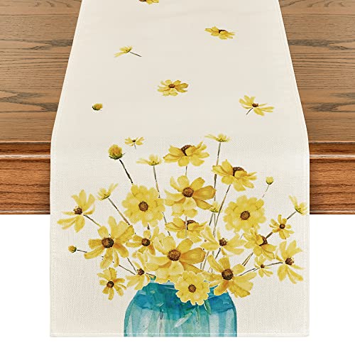 Artoid Mode Gelb Gänseblümchen Vase Frühling Tischläufer, Sommer Saisonnal Küche Tisch Dekoration Drinnen Urlaub Party Dekor 40x140 cm von Artoid Mode