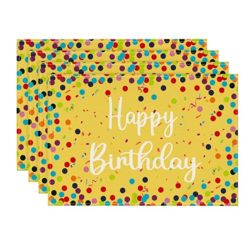 Artoid Mode Gelb Punkte Happy Birthday Geburtstag Platzsets 4er Set, 30x45cm Couchtisch Urlaub Tischsets Platzdeckchen Küche Party Deko von Artoid Mode