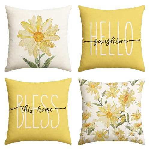 Artoid Mode Gelb Sonnenschein Gänseblümchen Frühling Kissenbezüge 4er Set, 45x45 cm Sommer Hello Sunshine Zierkissenbezug Couch Wohnzimmer Deko von Artoid Mode