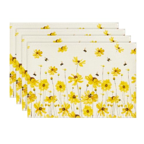 Artoid Mode Gelbe Blumen Biene Frühling 4er Set Platzsets, 30x45cm Sommer Bankett Tischsets Waschbar Platzdeckchen Küche Party Deko von Artoid Mode