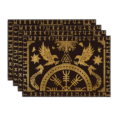 Artoid Mode Gold Wikinger Baum des Lebens Rabe Helm der Ehrfurcht Platzsets 4er Set, 30x45cm Urlaub Tischsets Platzdeckchen Küche Party Deko von Artoid Mode