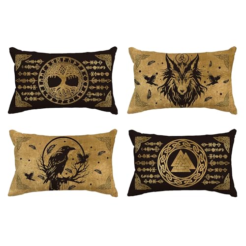 Artoid Mode Gold Wikinger Futhark Runen Odin Baum des Lebens Kissenbezüge 4er Set, 30x50cm Wolf Rabe Cushion Cover Couch Wohnzimmer Deko von Artoid Mode