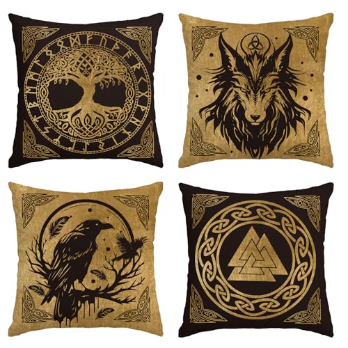 Artoid Mode Gold Wikinger Futhark Runen Odin Baum des Lebens Kissenbezüge 4er Set, 40x40cm Wolf Rabe Cushion Cover Couch Wohnzimmer Deko von Artoid Mode