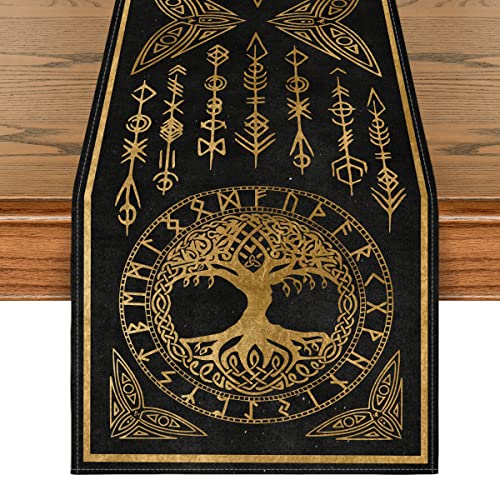 Artoid Mode Gold Wikinger Futhark Runen Odin Baum des Lebens Tischläufer, Saisonnal Küche Tisch Dekoration Drinnen Urlaub Party Dekor 40x140 cm von Artoid Mode