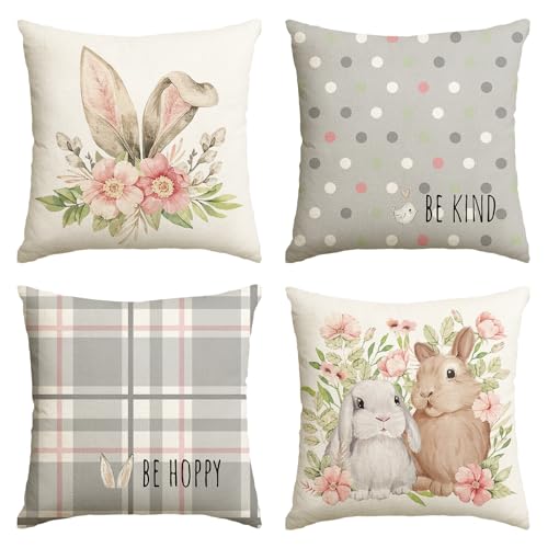 Artoid Mode Grau Hasenohren Hasen Blumen Ostern Kissenbezüge 4er Set, 45x45 cm Strifen Tupfen Frühling Zierkissenbezug Couch Wohnzimmer Deko von Artoid Mode