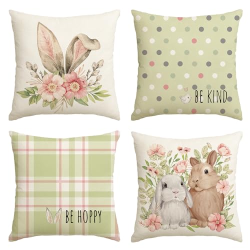 Artoid Mode Grün Hasenohren Hasen Blumen Ostern Kissenbezüge 4er Set, 45x45 cm Strifen Tupfen Frühling Zierkissenbezug Couch Wohnzimmer Deko von Artoid Mode