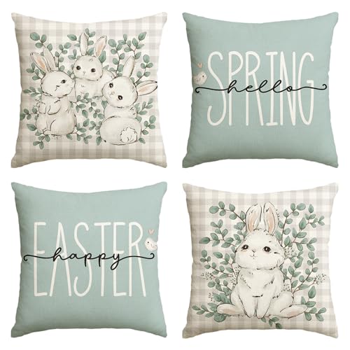 Artoid Mode Happy Easter Büffelkaro Kaninchen Ostern Kissenbezüge 4er Set, 40x40 cm Hello Spring Zierkissenbezug Couch Wohnzimmer Deko von Artoid Mode