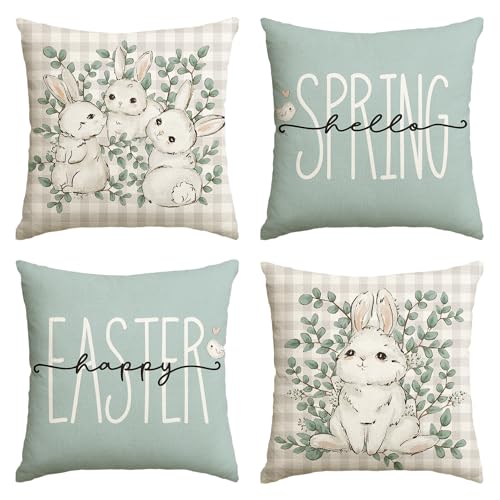 Artoid Mode Happy Easter Büffelkaro Kaninchen Ostern Kissenbezüge 4er Set, 50x50 cm Hello Spring Zierkissenbezug Couch Wohnzimmer Deko von Artoid Mode