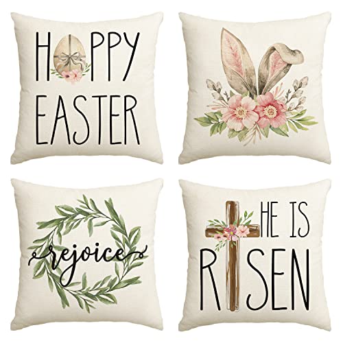 Artoid Mode Happy Easter Hasenohren Ostern Kissenbezüge 4er Set, 45x45 cm Frühling Zierkissenbezug Couch Wohnzimmer Deko von Artoid Mode