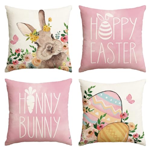 Artoid Mode Happy Easter Honny Bunny Hase Blumen Ostereier Ostern Kissenbezüge 4er Set, 45x45 cm Frühling Zierkissenbezug Couch Wohnzimmer Deko von Artoid Mode