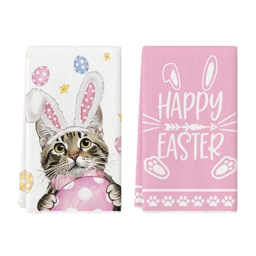 Artoid Mode Hasenohr Ostereier Katze Ostern Küchentücher Geschirrtücher, 42x65 cm Spring Happy Easter Dekoration Polyester Handtücher 2er Set von Artoid Mode