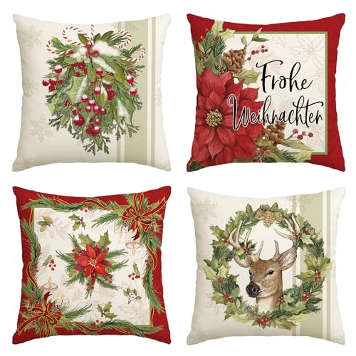 Artoid Mode Holly Rentier Poinsettia Frohe Weihnachten Kissenbezüge 4er Set, 45x45cm Winter Zierkissenbezug Couch Wohnzimmer Deko von Artoid Mode