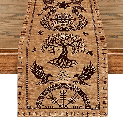 Artoid Mode Holz Wikinger Baum des Lebens Rabe Helm der Ehrfurcht Tischläufer, Saisonnal Tisch Dekoration Drinnen Urlaub Party Dekor 40x140 cm von Artoid Mode