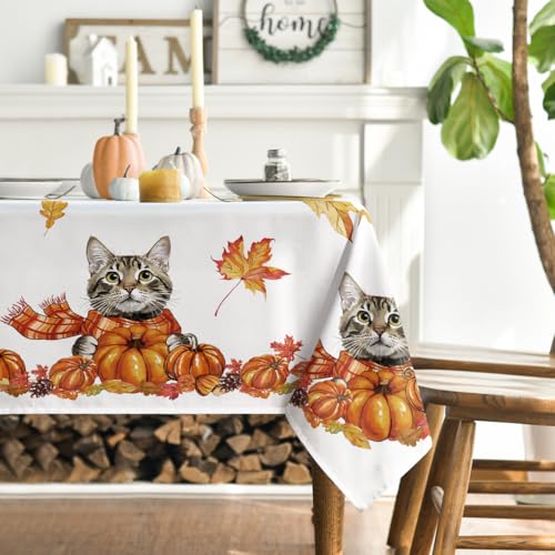 Artoid Mode Katze Ahornblätter Schal Kürbisse Herbst Tischdecke 140x200 cm, Saisonnal Fleckschutz Tischwäsche Küche Dekoration Party Dekor von Artoid Mode