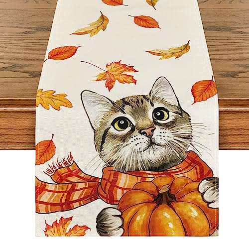 Artoid Mode Katze Kürbisse Blätter Herbst Tischläufer, Saisonnal Küche Tisch Dekoration Drinnen Urlaub Party Dekor 40x180 cm von Artoid Mode