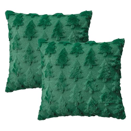 Artoid Mode Künstliche Pelz Grün Kiefern Xmas Bäume Weihnachten Kissenbezüge 2er Set, 50x50 cm Winter Plüsch Samt Zierkissenbezug Schlafzimmer Deko von Artoid Mode