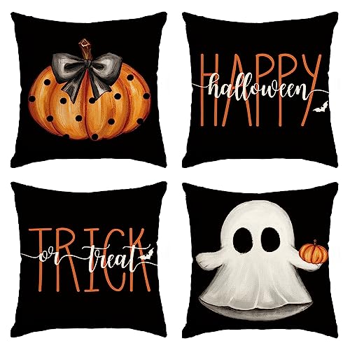 Artoid Mode Kürbisse Geist Happy Halloween Kissenbezüge 4er Set, 45x45 cm Trick or Treat Zierkissenbezug Couch Wohnzimmer Deko von Artoid Mode