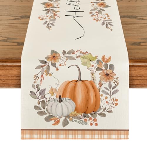 Artoid Mode Kürbisse Kranz Blumen Buffalo Plaid Herbst Tischläufer, Saisonnal Küche Tisch Dekoration Drinnen Urlaub Party Dekor 40x140 cm von Artoid Mode
