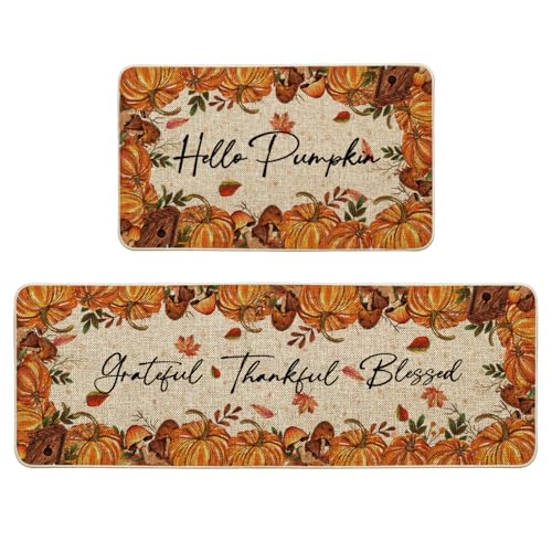Artoid Mode Kürbisse Pilze Herbst Küchenteppich 2er Set, Hello Pumpkin Waschbar Dekoration Küchenmatten für Innen Außen Dekor - 43x73 and 43x118 cm von Artoid Mode