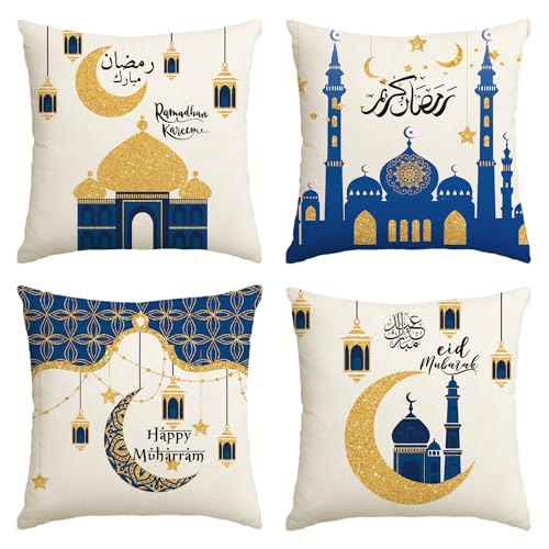 Artoid Mode Mond Und Stern Schlosslaterne Ramadan Kissenbezüge 4er Set, 45x45 cm Saisonnal Zierkissenbezug Cushion Cover Couch Wohnzimmer Deko von Artoid Mode